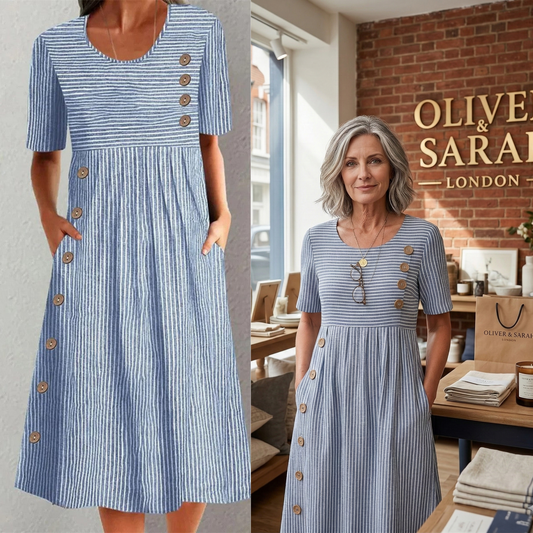 🎉🛍️Καυτή προσφορά: 50% έκπτωση💃Διαχρονικό ριγέ φόρεμα μέσου μήκους