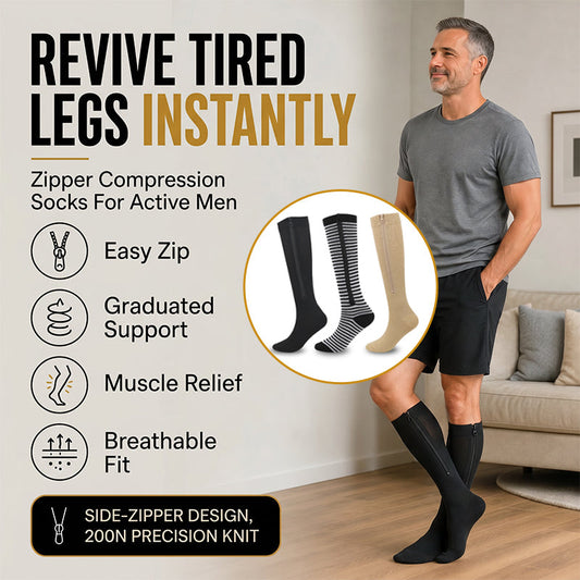 🧦🔥Κάλτσες συμπίεσης μέχρι το γόνατο με φερμουάρ – Αναπνεύσιμες κάλτσες στήριξης για τρέξιμο, ταξίδια, εργασία και παρατεταμένη ορθοστασία