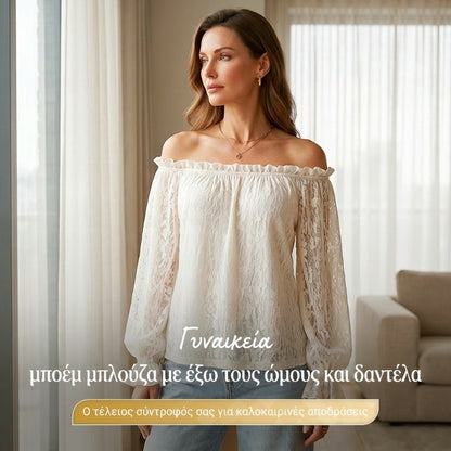 🌸 ✨ Γυναικεία μπλούζα σε μποέμ στυλ με δαντέλα και ανοιχτούς ώμους – διαφανής, αέρινη, ρομαντική ☀️