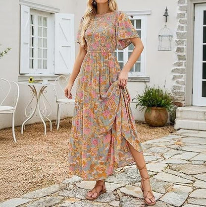 👗Γυναικείο καθημερινό μακρύ φόρεμα με λουλουδάτο μοτίβο, κοντά φτερωτά μανίκια, σμόκινγκ και ψηλή μέση