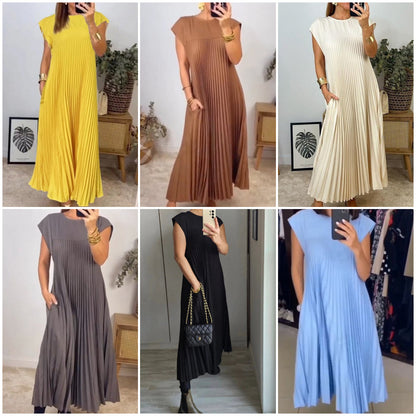🎉【M-3XL】👗Αμάνικο πλισέ απλό μονόχρωμο φόρεμα⭐