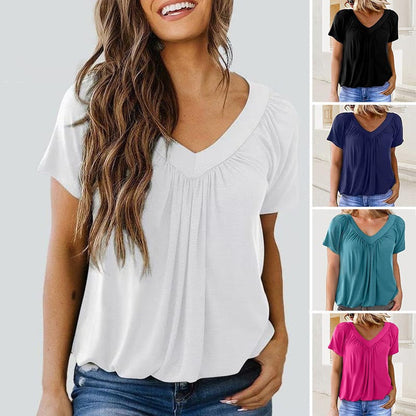 【S-3XL】👚Γυναικείο πλισέ μπλουζάκι με κοντά μανίκια και V-neck
