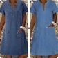 👗 50 % RABATT NU! 🌸Kortärmad denimklänning med V-ringning för dam