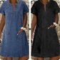 👗 50 % RABATT NU! 🌸Kortärmad denimklänning med V-ringning för dam