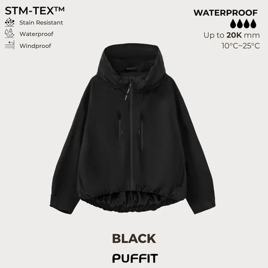 🧥Κουκούλα με φαρδύ γείσο💧Κοντό, oversized αδιάβροχο μπουφάν με φουσκωτό στρίφωμα και ρυθμιζόμενες μανσέτες