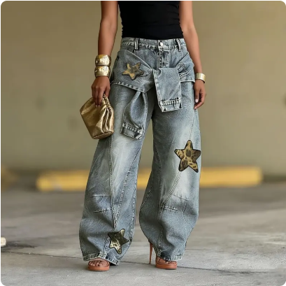 👖  Unisex φαρδιά τζιν με μπαλώματα σε σχήμα αστεριού – Άνετη oversize γραμμή, μαλακό τζιν και μοντέρνο στυλ της δεκαετίας του '90 ✨