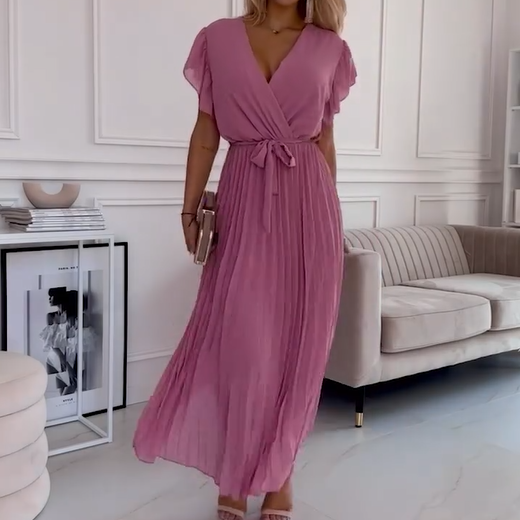 🌸Ειδικές προσφορές άνοιξης🌸 Γυναικείο φόρεμα με V λαιμόκοψη, πλισέ και άνετη γραμμή