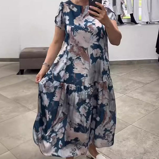 👗Νέα συλλογή για τις αρχές του καλοκαιριού✨Φαρδύ φόρεμα με στρογγυλό λαιμό, κοντά μανίκια και λουλουδάτο μοτίβο