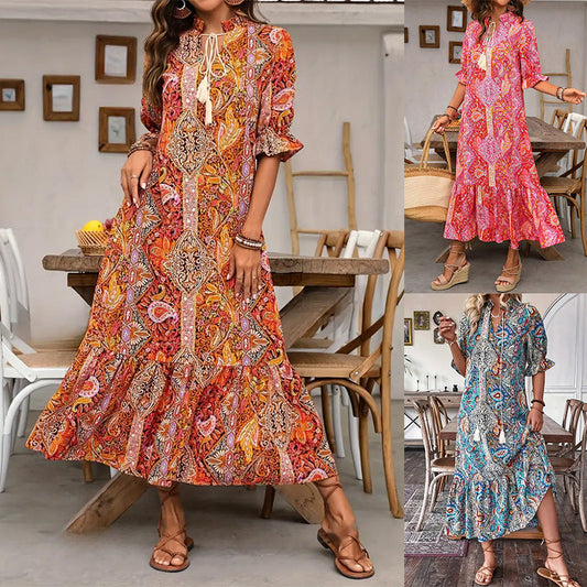 👗Φόρεμα V-Neck Bohemian με Πλαϊνό Σκίσιμο