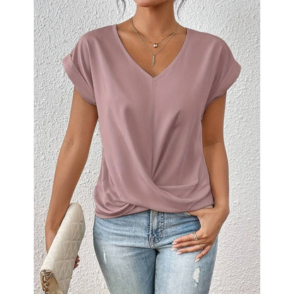 👚 50% RABATT! 💃 Elegant Kortärmad T-shirt med Vriden V-ringning – Mjukt Tyg, Figursydd Silhuett & Perfekt För En Stilren Vardagslook 🌸