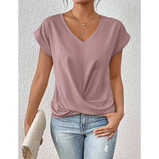 👚 50% RABATT! 💃 Elegant Kortärmad T-shirt med Vriden V-ringning – Mjukt Tyg, Figursydd Silhuett & Perfekt För En Stilren Vardagslook 🌸