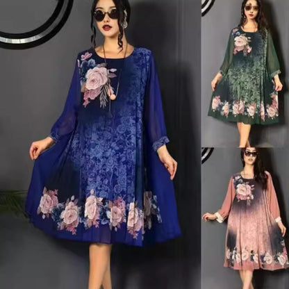 【S-4XL】🌺Γυναικείο φόρεμα με floral print, στρογγυλό λαιμό και μανίκια από δίχτυ