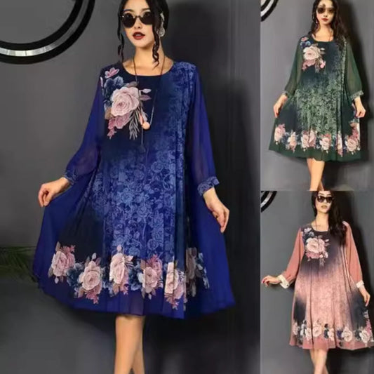 【S-4XL】🌺Γυναικείο φόρεμα με floral print, στρογγυλό λαιμό και μανίκια από δίχτυ