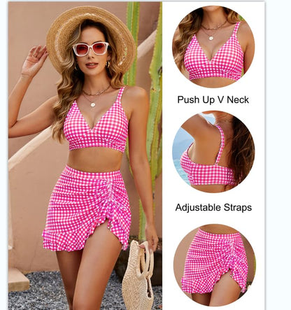 Gingham Ψηλόμεσο Μπικίνι Σετ με Έλεγχο Κοιλιάς 👙
