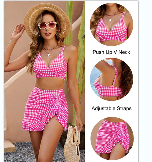 Gingham Ψηλόμεσο Μπικίνι Σετ με Έλεγχο Κοιλιάς 👙