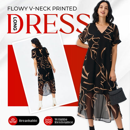 ✨Φλούι V-Neck Φόρεμα με Εκτύπωση, Μακρύ, Ελαφρύ, Άνετο, Αναπνεύσιμο, Ανθεκτικό στις Ζάρες, Κολακευτικό για Όλους τους Σωματότυπους.👗