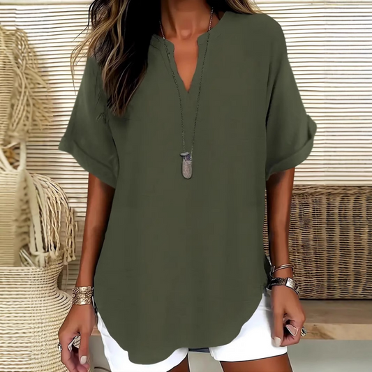 🌸Εαρινές εκπτώσεις: 50% έκπτωση👕Κομψό μπλουζάκι από μονόχρωμο ύφασμα με κοντά μανίκια