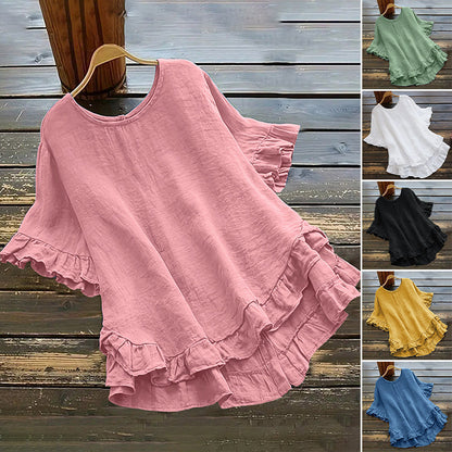 👚Γυναικεία μπλούζα με στρογγυλό λαιμό και βολάν