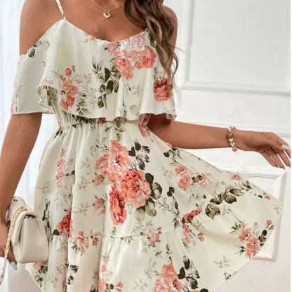 ⏰🎁Γυναικείο φόρεμα Boho με floral print και ανοιχτούς ώμους