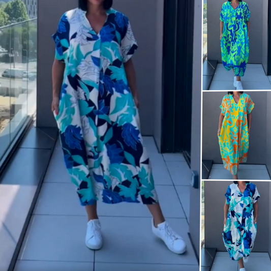 🌴【S-3XL】💥Γυναικείο casual κομψό φόρεμα με V λαιμόκοψη και τύπωμα👗