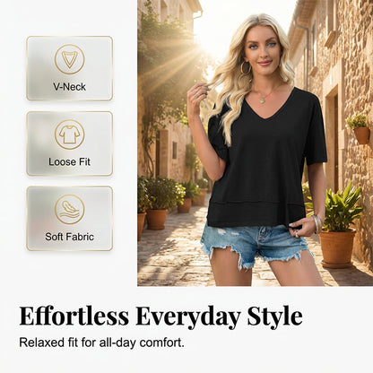 🔥👕Γυναικεία μπλούζα με κοντά μανίκια, V-neck και στρίφωμα σε στυλ patchwork