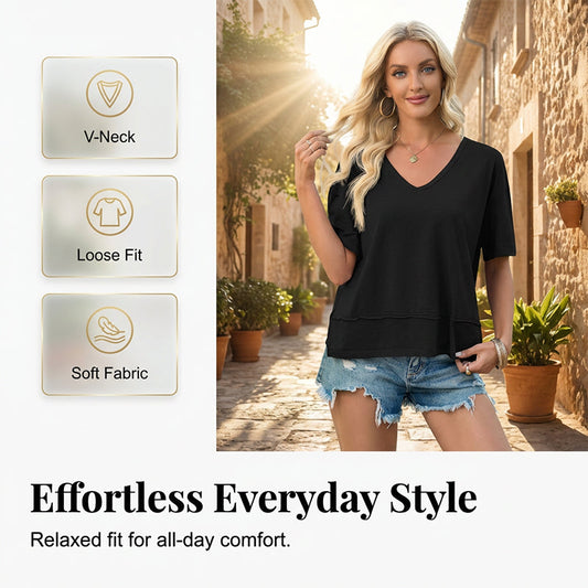 🔥👕Γυναικεία μπλούζα με κοντά μανίκια, V-neck και στρίφωμα σε στυλ patchwork