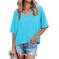 🔥👕Γυναικεία μπλούζα με κοντά μανίκια, V-neck και στρίφωμα σε στυλ patchwork