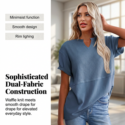🌬️👕Γυναικείο casual μπλουζάκι με V λαιμόκοψη, πλεκτό σε στυλ «waffle» και μοτίβο patchwork😍