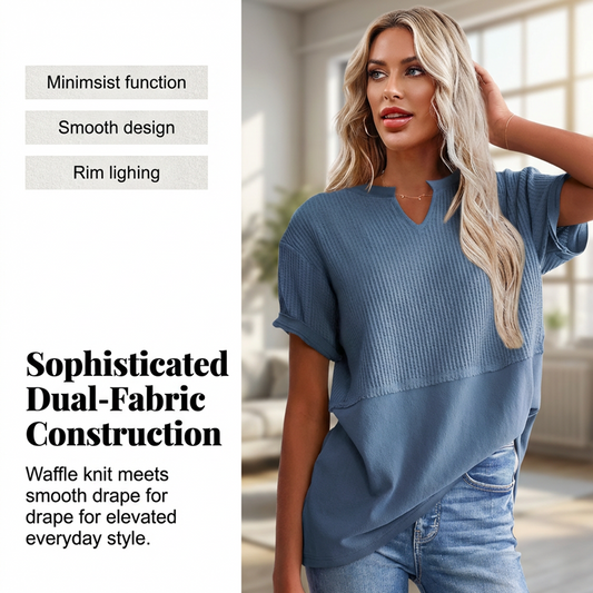 🌬️👕Γυναικείο casual μπλουζάκι με V λαιμόκοψη, πλεκτό σε στυλ «waffle» και μοτίβο patchwork😍