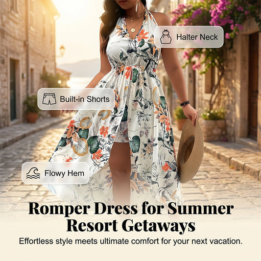 🌸🌹👗Γυναικείο φόρεμα-σορτς με λουλουδάτο μοτίβο, λαιμόκοψη halter και ασύμμετρη γραμμή