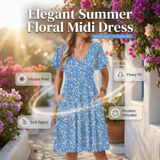 💐 Γυναικεία V-Neck Φυλλότυπo A-Line Midi Φόρεμα👗