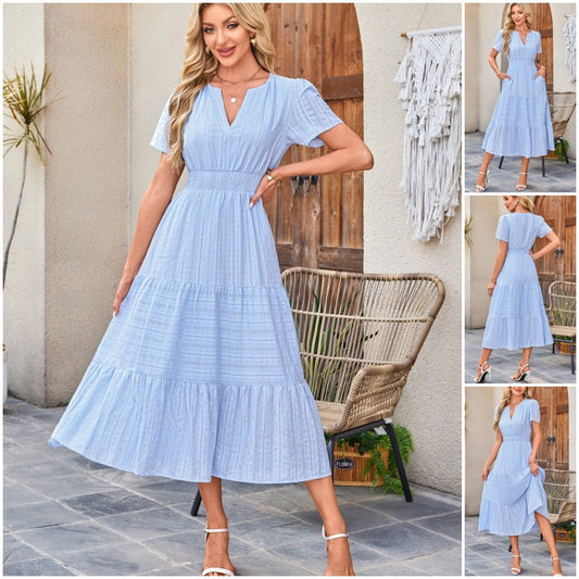 💐Γυναικείο Ελαφρύ Φόρεμα με Κοντό Μανίκι, V Λαιμόκοψη και Ελαστική Μέση