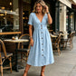 👗Ανετη Καλοκαιρινή Κομψότητα – Καλοκαιρινό Φόρεμα με Λαιμόκοψη V και Κουμπιά για Γυναίκες☀️