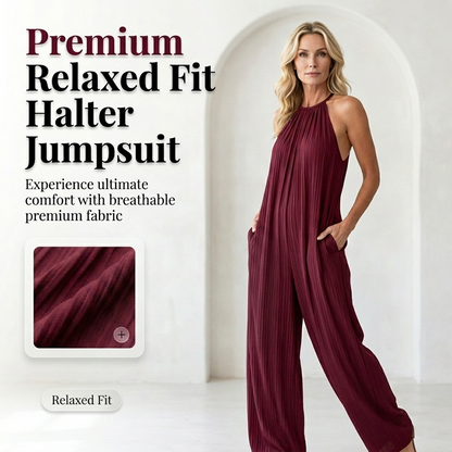👗  Γυναικεία φόρμα με λαιμόκοψη και φαρδιά πόδια – χωρίς μανίκια, πλισέ γραμμή, πλαϊνές τσέπες ✨