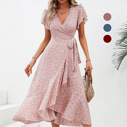 👗Καλοκαιρινό Κομψό Φόρεμα με V Λαιμόκοψη, Δέσιμο στη Μέση και Λουλουδάτο Σχέδιο για Γυναίκες – Κομψότητα Καλοκαιριού✨
