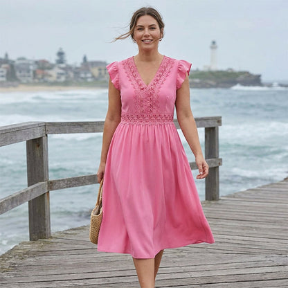 👗  Κομψό γυναικείο φόρεμα με V-neck και μανίκια με βολάν – Ελαφρύ και ρομαντικό – Ιδανικό για γάμους, πάρτι στον κήπο ή καλοκαιρινό brunch – θηλυκό και άνετο ✨💃
