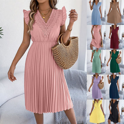 Γυναικείο Δαντελένιο Φόρεμα με V-Neck, Ριγέ Μανίκια και Πλισέ Μίντι