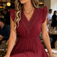 Γυναικείο Δαντελένιο Φόρεμα με V-Neck, Ριγέ Μανίκια και Πλισέ Μίντι