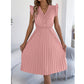 Γυναικείο Δαντελένιο Φόρεμα με V-Neck, Ριγέ Μανίκια και Πλισέ Μίντι