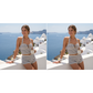 Γυναικείο Σετ Tankini 2 Τεμαχίων με Ριγέ Λαιμόκοψη Halter