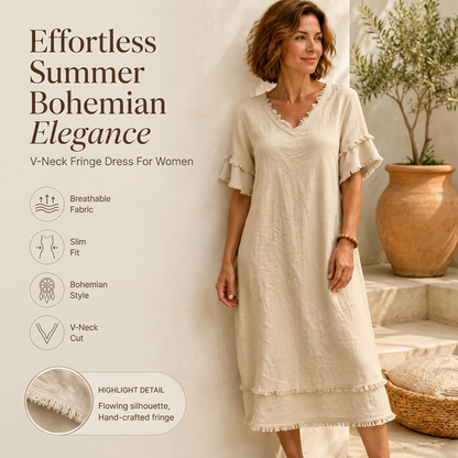 Γυναικείο φόρεμα μέσης μήκους με V-neck, φαρδιά γραμμή και φούντες