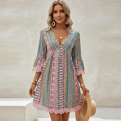 Γυναικείο Μποέμ Μοτίβο V-Neck Μίνι Φόρεμα