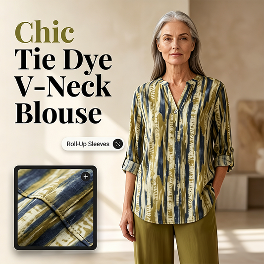Γυναικείο Σετ 2 Τεμαχίων με Tie Dye, V Λαιμόκοψη και Μανίκια που Ανασηκώνονται, με Παντελόνι