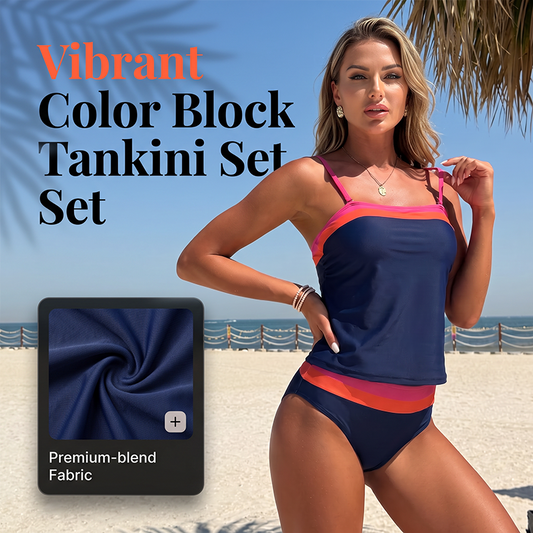 Γυναικείο Δίκοπο Tankini Σετ Μαγιό με Μπλοκ Χρωμάτων Συντηρητικής Κάλυψης