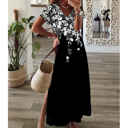 Γυναικείο Φόρεμα με V-Neck, Λουλουδάτη Εκτύπωση και Πλαϊνή Σκισμή