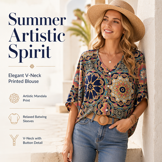 🌿👚Γυναικεία Μπλούζα με V-Neck και Βοημικό Σχέδιο, Καλοκαιρινή Φαρδιά Μπλούζα