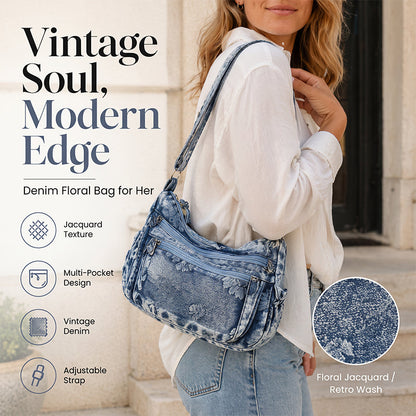 Ρετρό Φλοράλ Ζακάρ Τζιν Τσάντα Crossbody