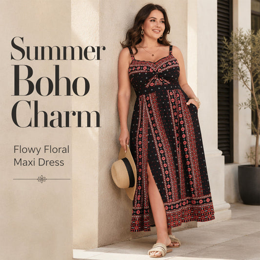 Γυναικείο Plus Size Boho Maxi Φόρεμα με Λεπτές Τιράντες