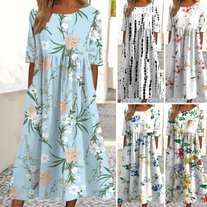 👗🌸Γυναικείο Κομψό Φλοράλ Φόρεμα με Στρογγυλή Λαιμόκοψη