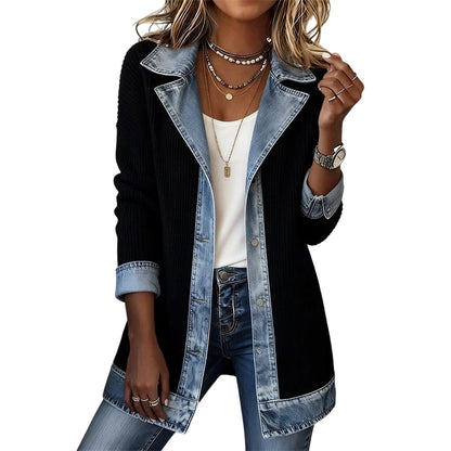 🧥Elegant ribbstickad kappa för dam med jeansdetaljer